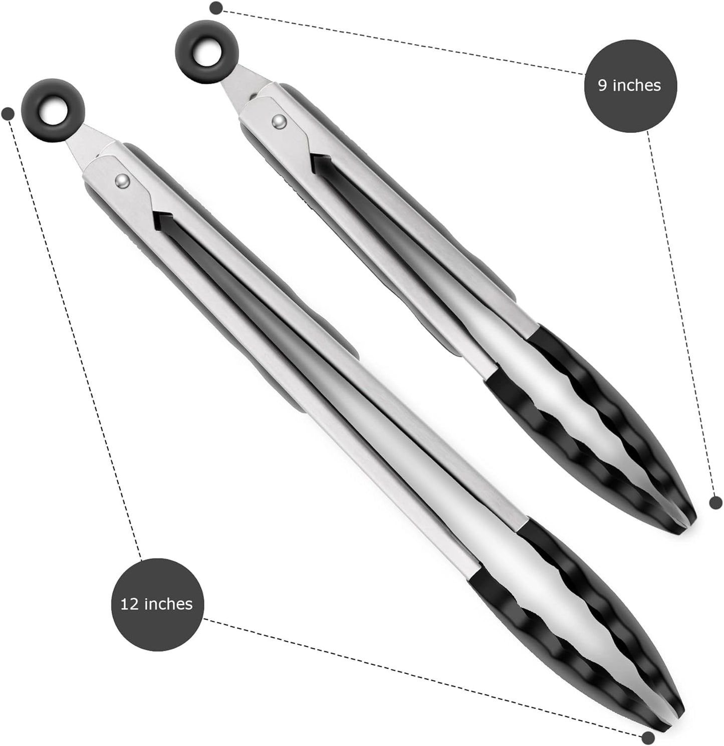 Black Kitchen Tongs Silicone-2 Pack Stainless Steel