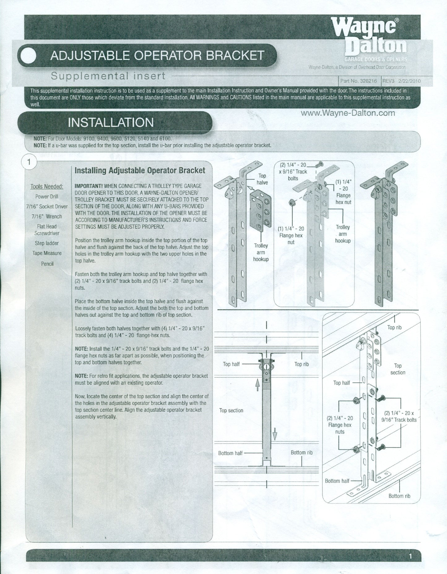 Wayne Dalton Operator Bracket 339621