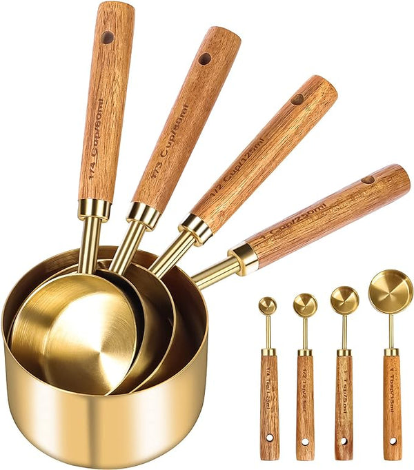 Wooden Handle Measuring Cups and Spoons Set of 8pcs